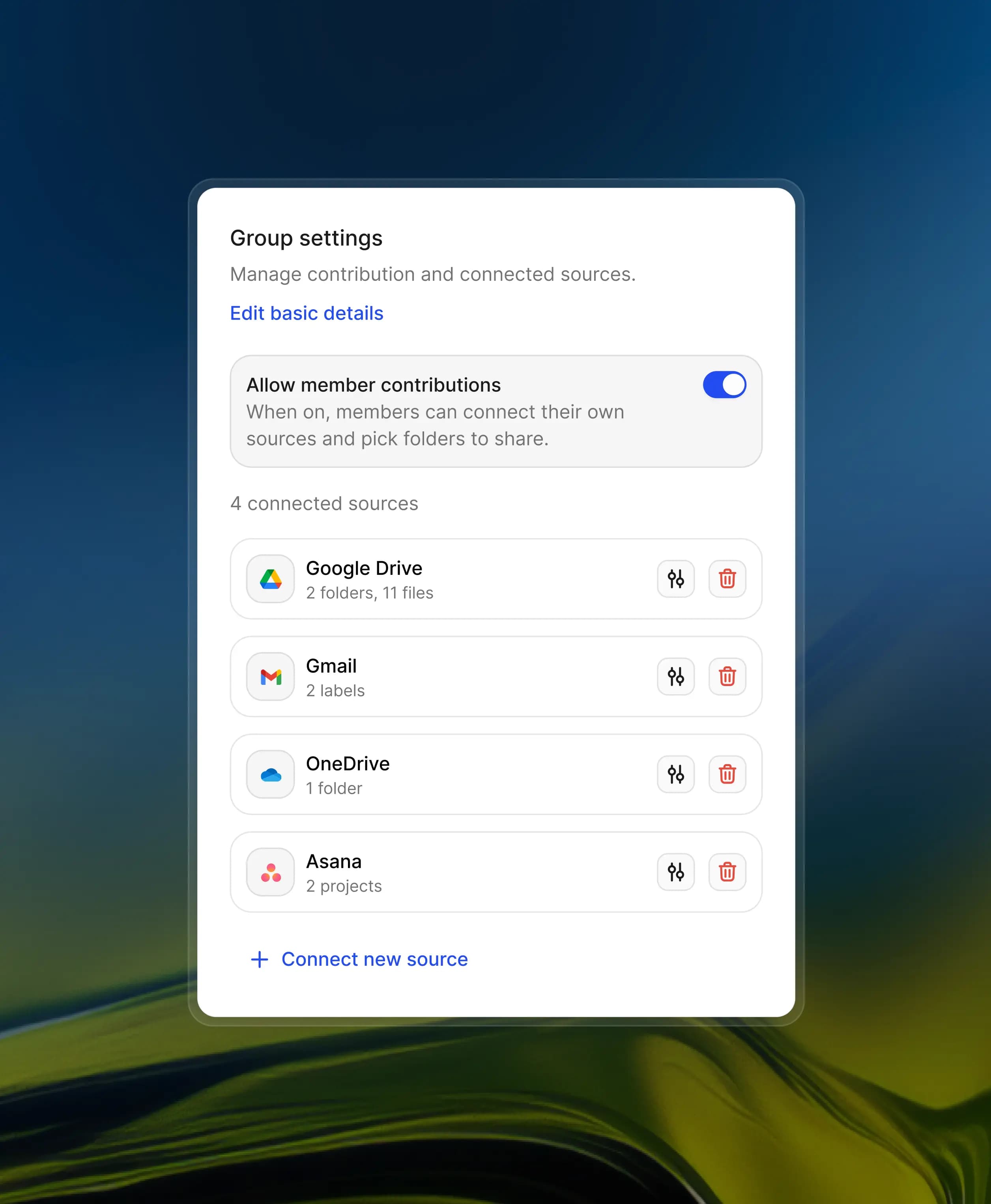 Cortextual group settings and connected sources interface for consulting firms