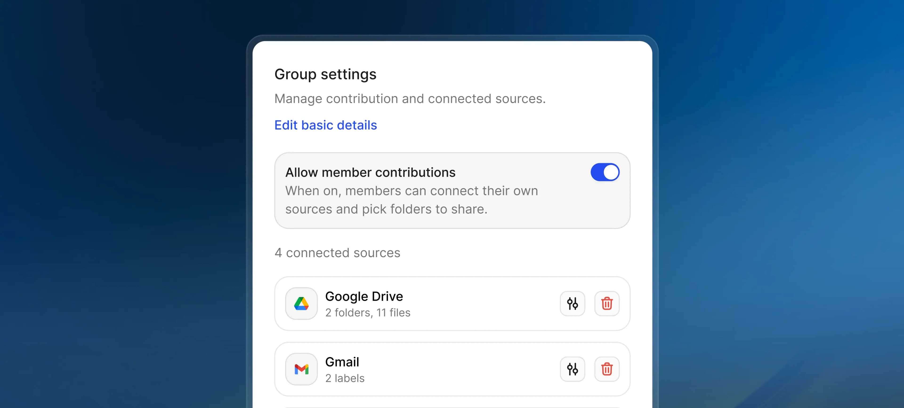 Cortextual group settings and connected sources interface for consulting firms