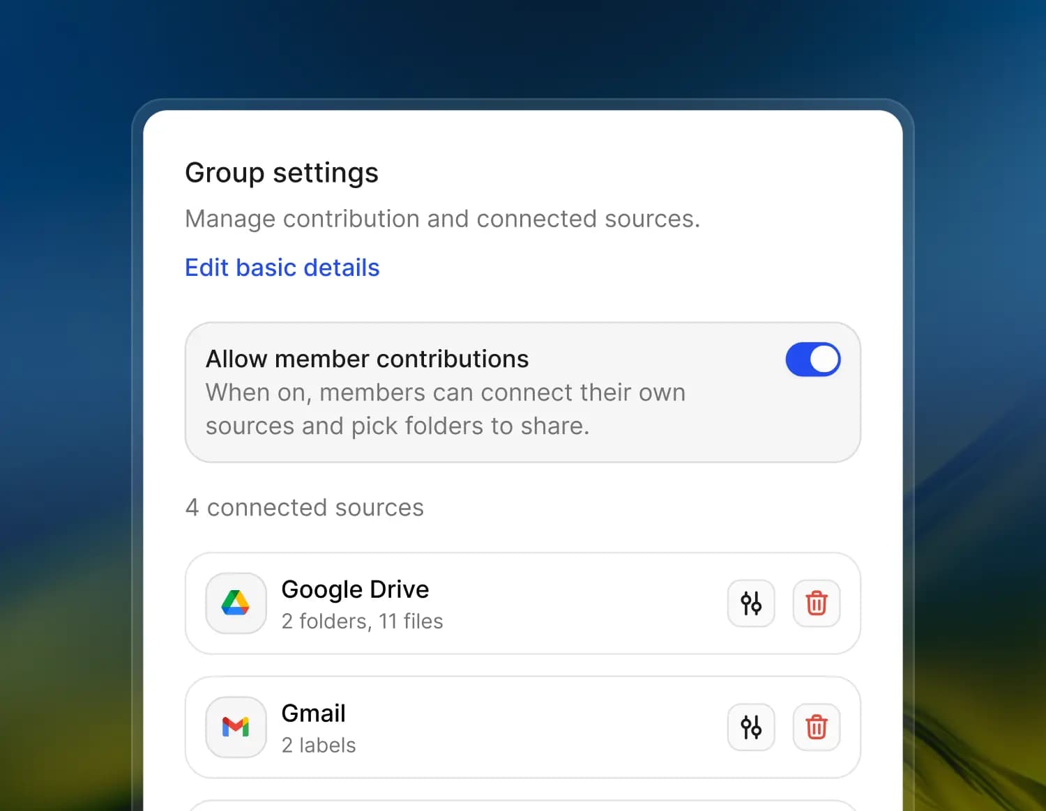 Cortextual group settings and connected sources interface for consulting firms