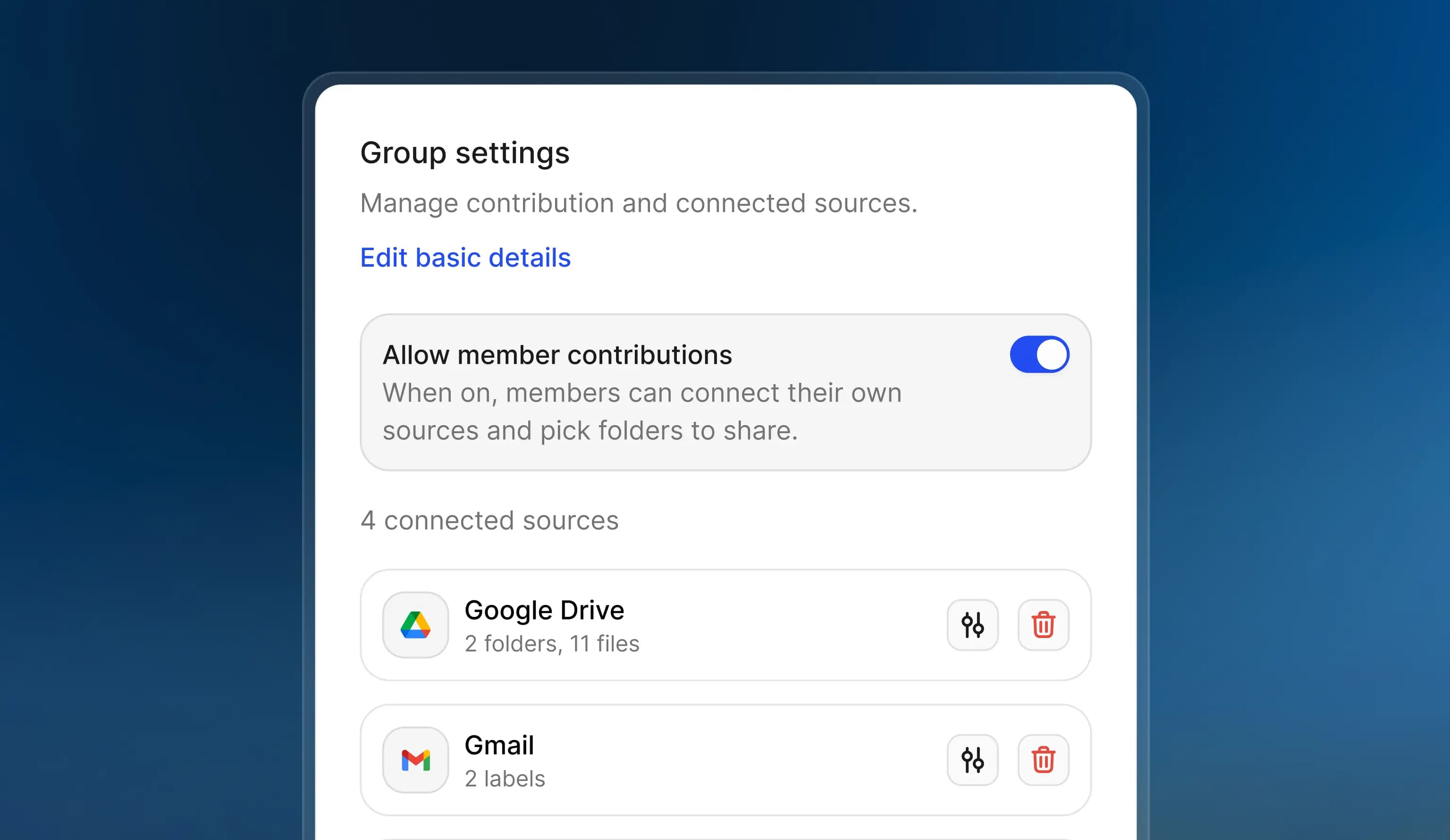 Cortextual group settings and connected sources interface for consulting firms