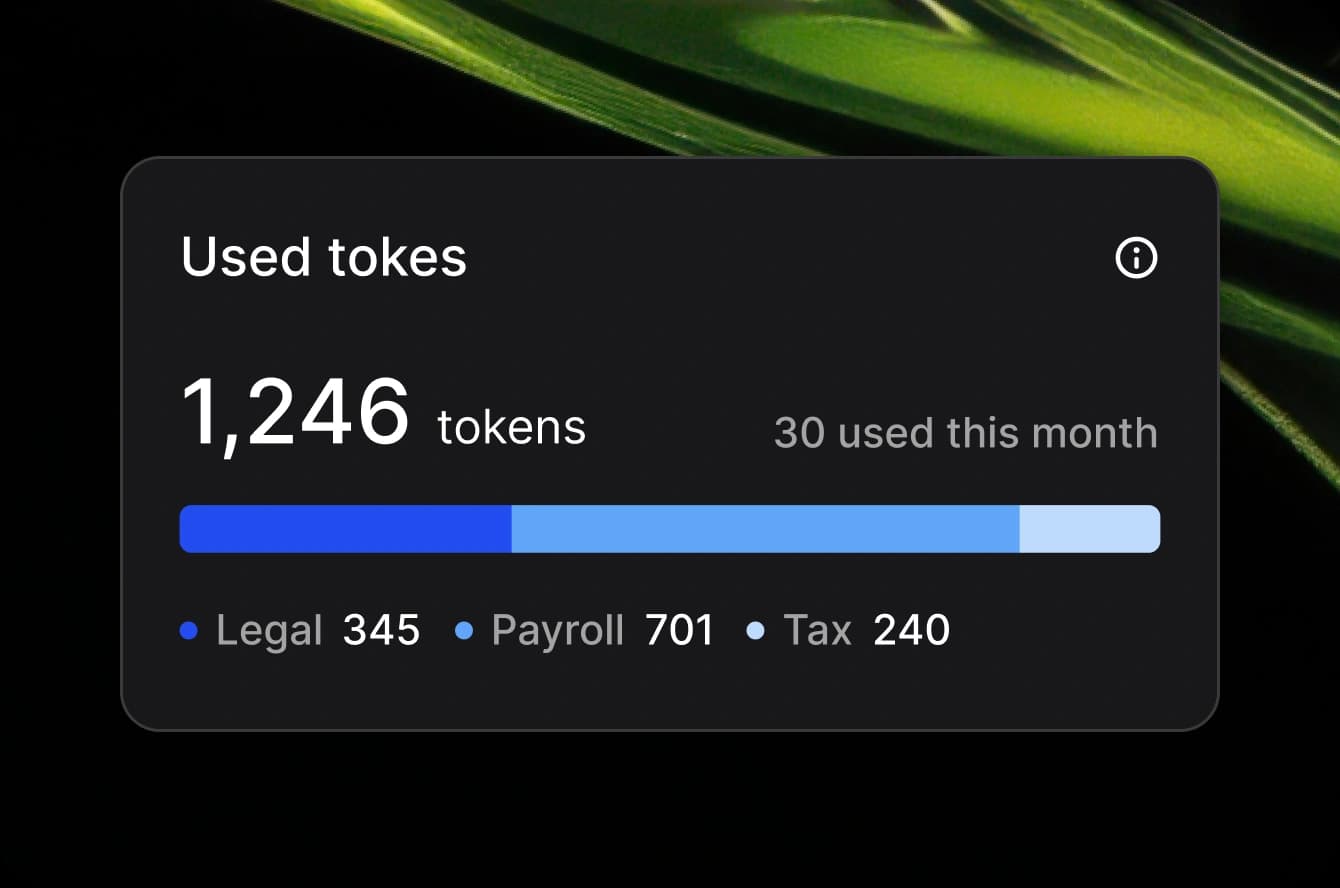 Used tokens card showing 1,246 tokens with legal, payroll and tax usage split across a progress bar