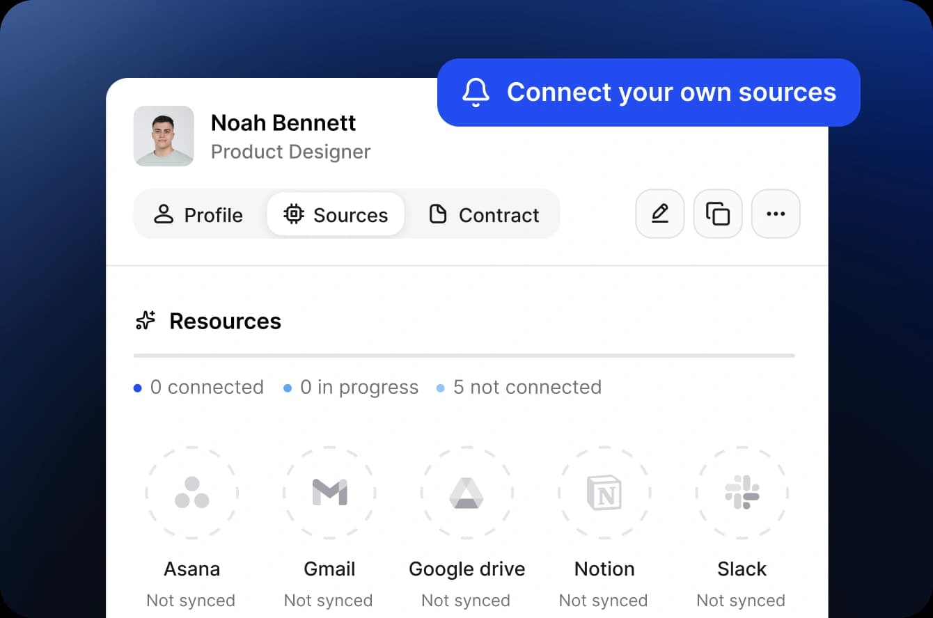 Noah Bennett profile on the Sources tab with a Connect your own sources prompt, showing unsynced Asana, Gmail, Google Drive, Notion and Slack
