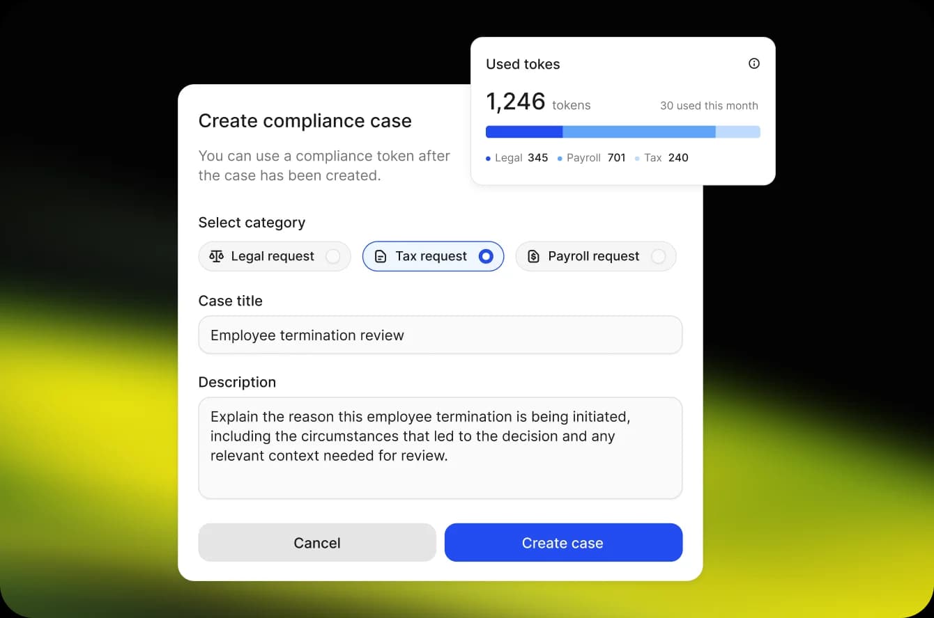 Create compliance case form beside a Used tokens card showing 1,246 tokens across legal, payroll and tax