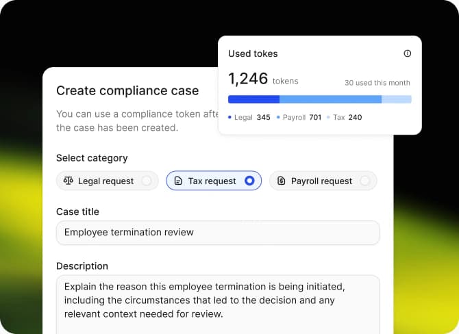 Create compliance case form beside a Used tokens card showing 1,246 tokens across legal, payroll and tax
