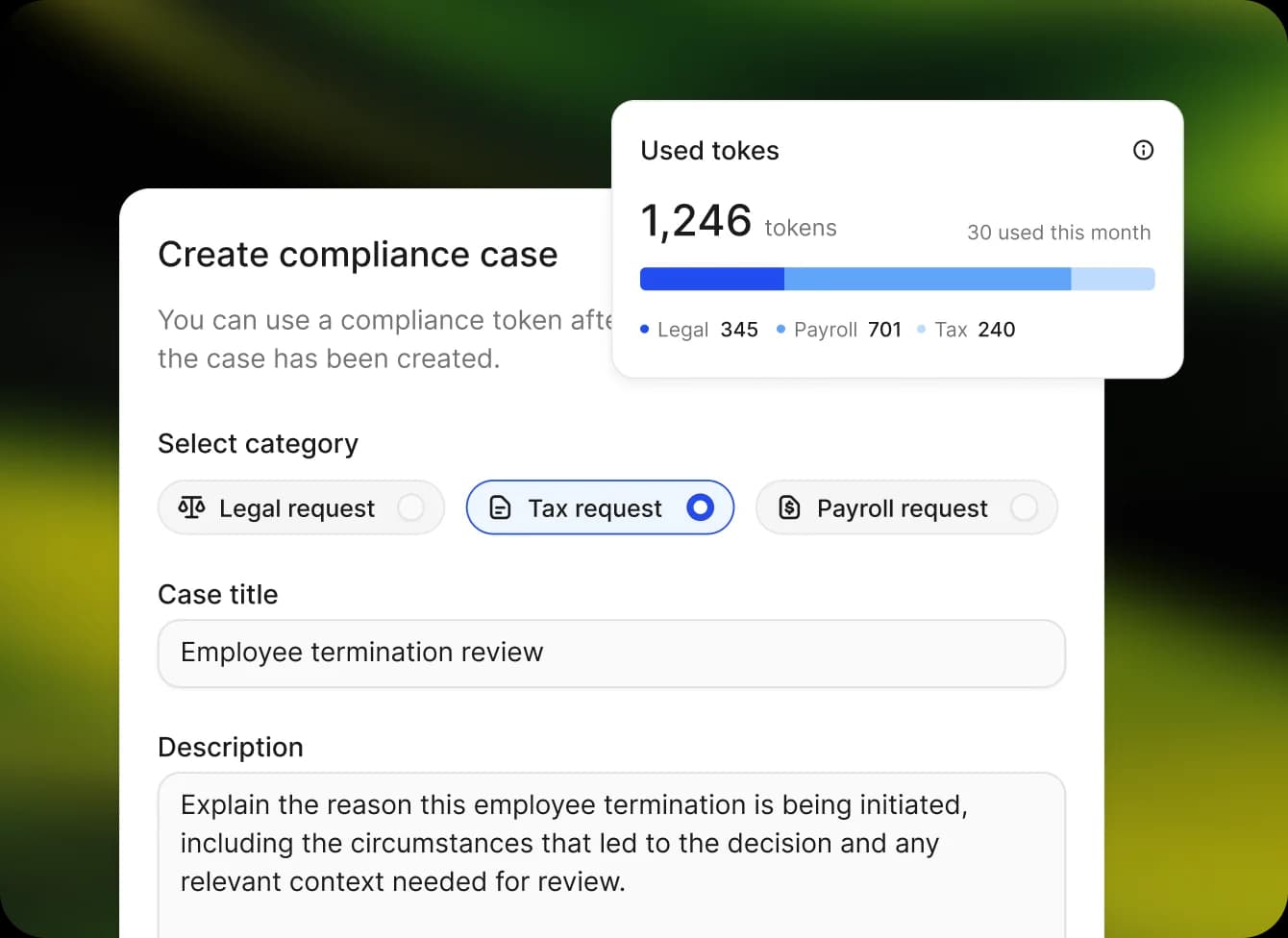 Create compliance case form beside a Used tokens card showing 1,246 tokens across legal, payroll and tax