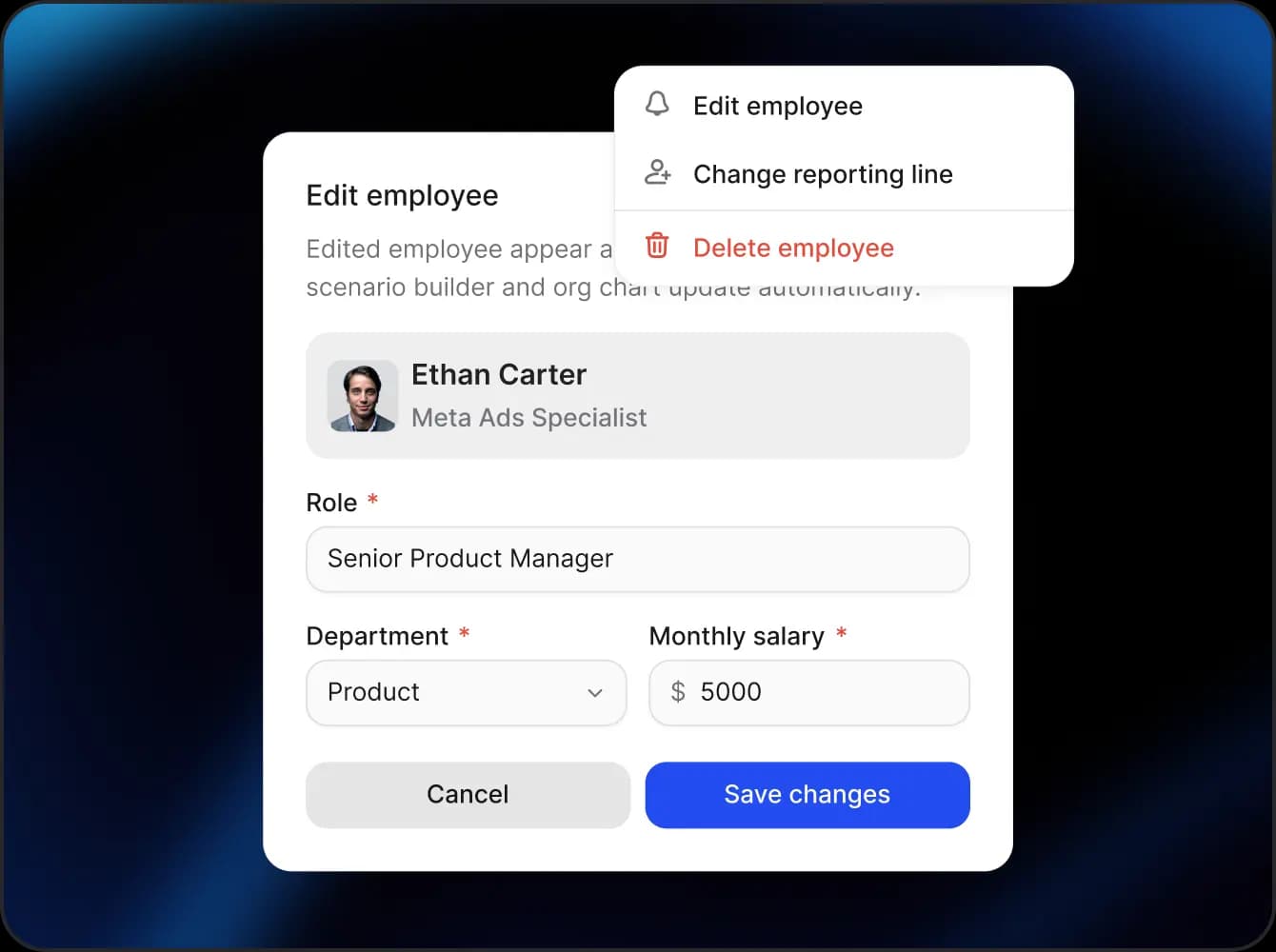 Edit employee modal inside the scenario builder