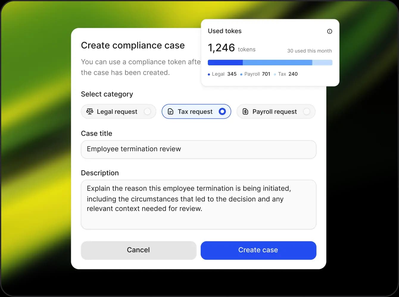 Create compliance case dialog