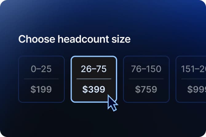 Cortextual headcount size picker with Pro price tiers from 0-25 at $199 up to 201+ at $1,359