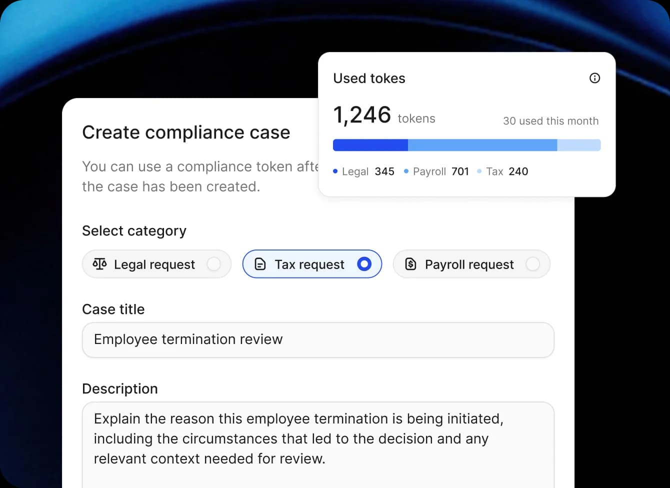 Create compliance case form beside a Used tokens card showing 1,246 tokens across legal, payroll and tax